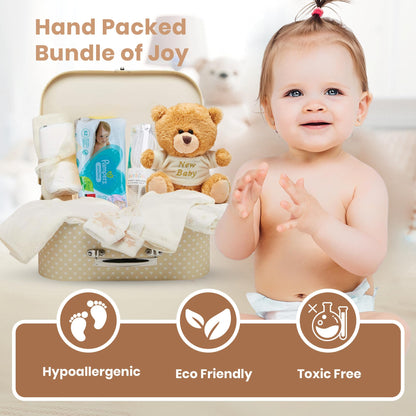 Baby Box Shop Babyparty Geschenk - 12 Baby-Essentials, Baby Geschenkset, Baby Geschenkkorb, Geschenke für eine Babyparty, Neugeborene Geschenkset, Neugeborenen Geschenk, Baby Geschenk Set - Creme