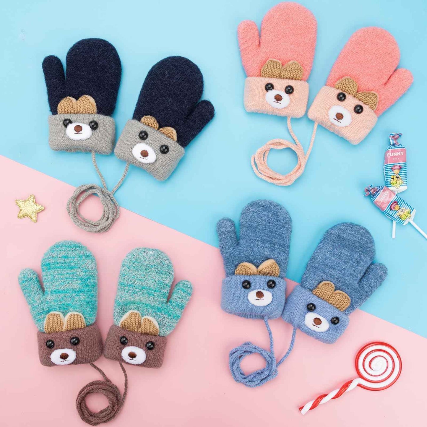 Becellen Fäustlinge Baby, Warme Weiche Kleinkind Strickhandschuhe mit Schlüsselband Niedliche Cartoon-Musterdesign Fäustlinge Baby Doppelt Winter Handschuhe für 0-3 Jahre Jungen Mädchen