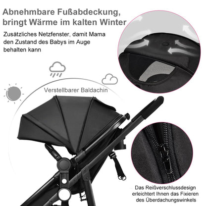 DREAMADE Kinderwagen klappbar, 3 in 1 Buggy mit umkehrbarem Sitz, Verdeck, Aufbewahrungskorb, Becherhalter & 5-Punkt-Sicherheitsgurt, Reisebuggy für Baby 0-6 Monate (Schwarz)