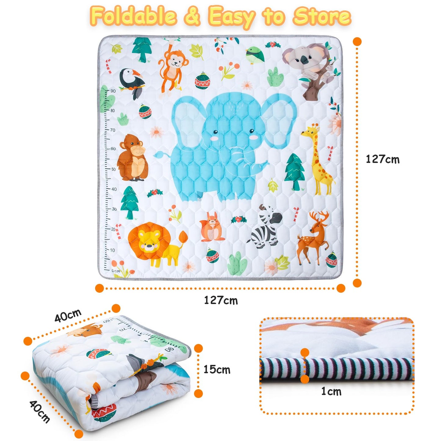 Funsland crawling carpet for babies, non-slip baby play mat, non-toxic 127x127cm, cotton animal crawling mat for babies, foldable with a height ruler, children's play mat for indoors/outdoors/fences 