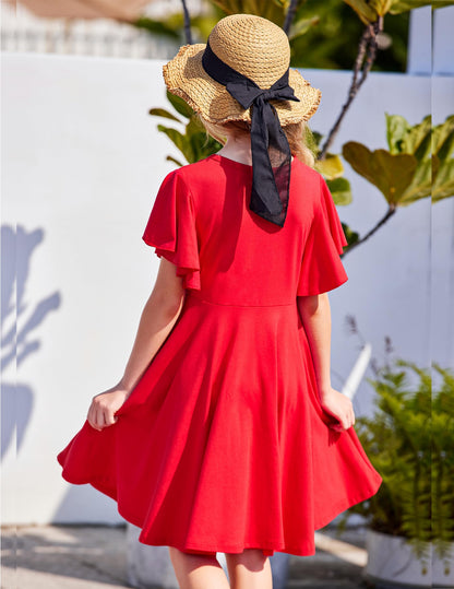 Arshiner Kleider für Mädchen Schmetterlingsärmel Kleid Kinder A-Line Swing Kleid Rundhals Sommerkleid Baumwollekleid Festlich Partykleid Hochzeit Lässige Kinderkleidung mit Tasche