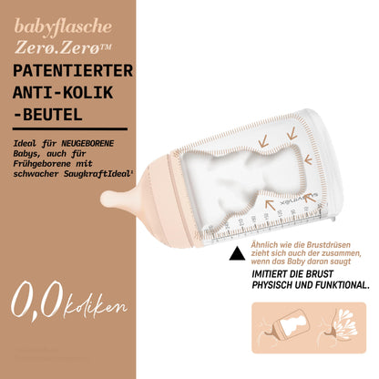 Suavinex, Anti-Colic Babyflasche Zero Zero,mit mittlerem Silikonsauger (M), für Babys ab 3 Monaten, Empfohlen für gestillte Babys und Flaschennahrung, 270 ml, Deep