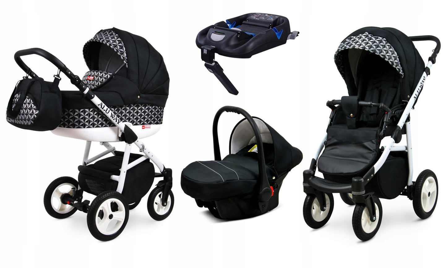 BabyLux® Kinderwagen Set 4 in 1 - Alu Way - incl. Babywanne, Buggy Sportsitz, Auto-Babyschale, ISOFIX-Basisstation - Autositz - Kinderwagenset - Kombikinderwagen mit Wickeltasche usw.