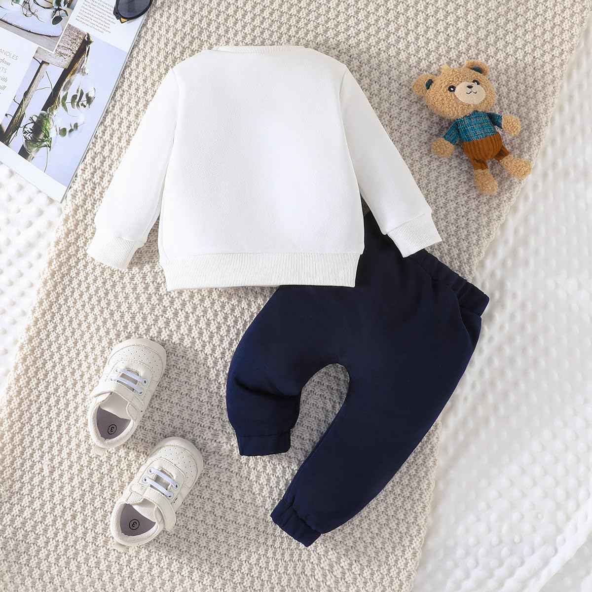 Toddler Baby Boys Outfit Colour Block Letter Print Sweatshirt Top + Plain Trousers Baby Autumn Spring 2-Piece Clothing Set