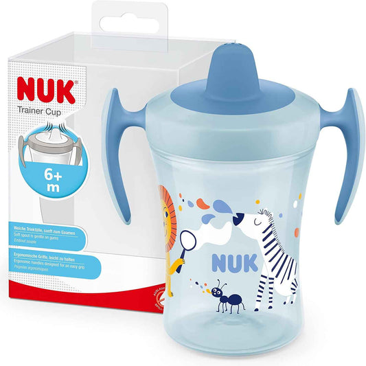 NUK Trainer Cup Trinklernbecher | auslaufsicherer Becher mit weichem Trinkschnabel & ergonomischen Griffen | 6+ Monate | 230 ml | BPA-frei | blaues Zebra, Kunststoff
