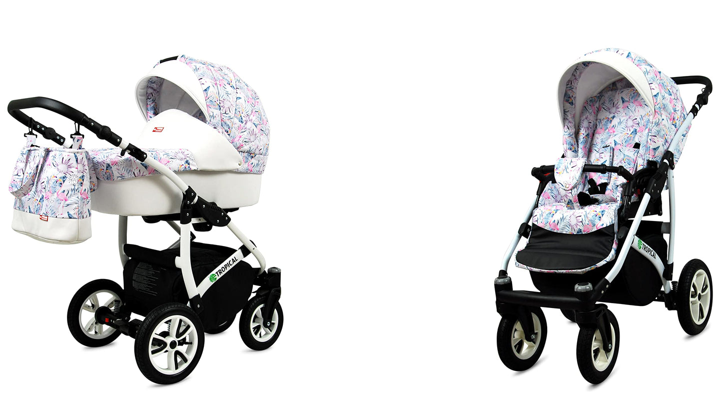 BabyLux® Bambimo Pushchair Set 3 in 1 - Tropical - incl. Baby Carrycot, Buggy Sports Seat, Car Seat - Pram Set - Combination Pram with Changing Bag, Rain Cover etc.