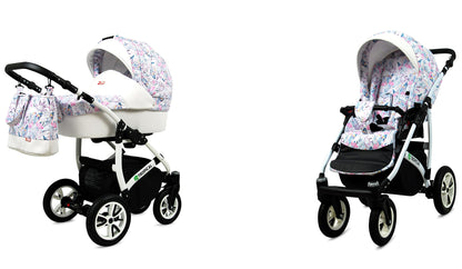 BabyLux® Bambimo Pushchair Set 3 in 1 - Tropical - incl. Baby Carrycot, Buggy Sports Seat, Car Seat - Pram Set - Combination Pram with Changing Bag, Rain Cover etc.