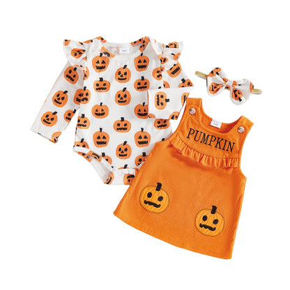 Geagodelia Baby Girl Halloween Clothing Outfit Pumpkin Ghost Baby Clothing Set Body Top + Jumpsuit Dress Newborn Soft Baby Set