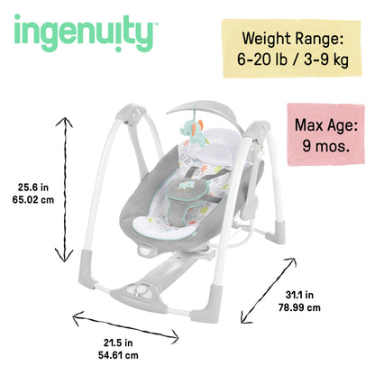 Ingenuity Hugs & Hoots zusammenklappbare & tragbare Babyschaukel, 5 Schaukelgeschwindigkeiten, 8 Melodien, 3 Naturgeräusche, Lautstärkeregulierung und Spielzeugbügel, ab der Geburt bis 9kg