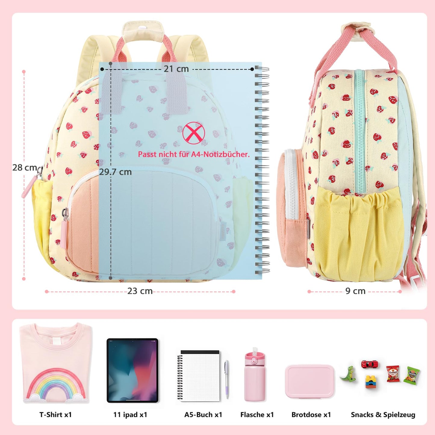 Kinderrucksack Mädchen 30cm Rucksack Kleinkind Kinderrucksack für 2-4 Jahre Kinder kindergartenrucksack Mini Tagesrucksack Reisetasche - Rosa Erdbeere