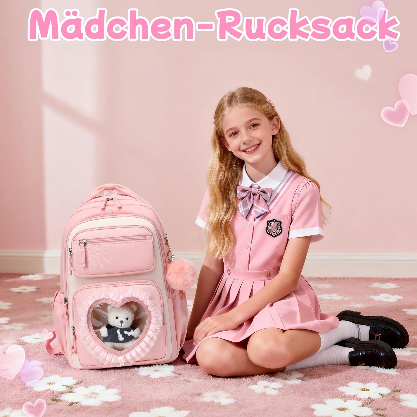 Schulrucksack Mädchen Herzdesign 22L mit Gepäckgurt für Schule | Spitze & Schleifendetails, Ergonomische 3D-Rückenpolsterung, wasserabweisendes Polyester, zahlreiche getrennte Fächer