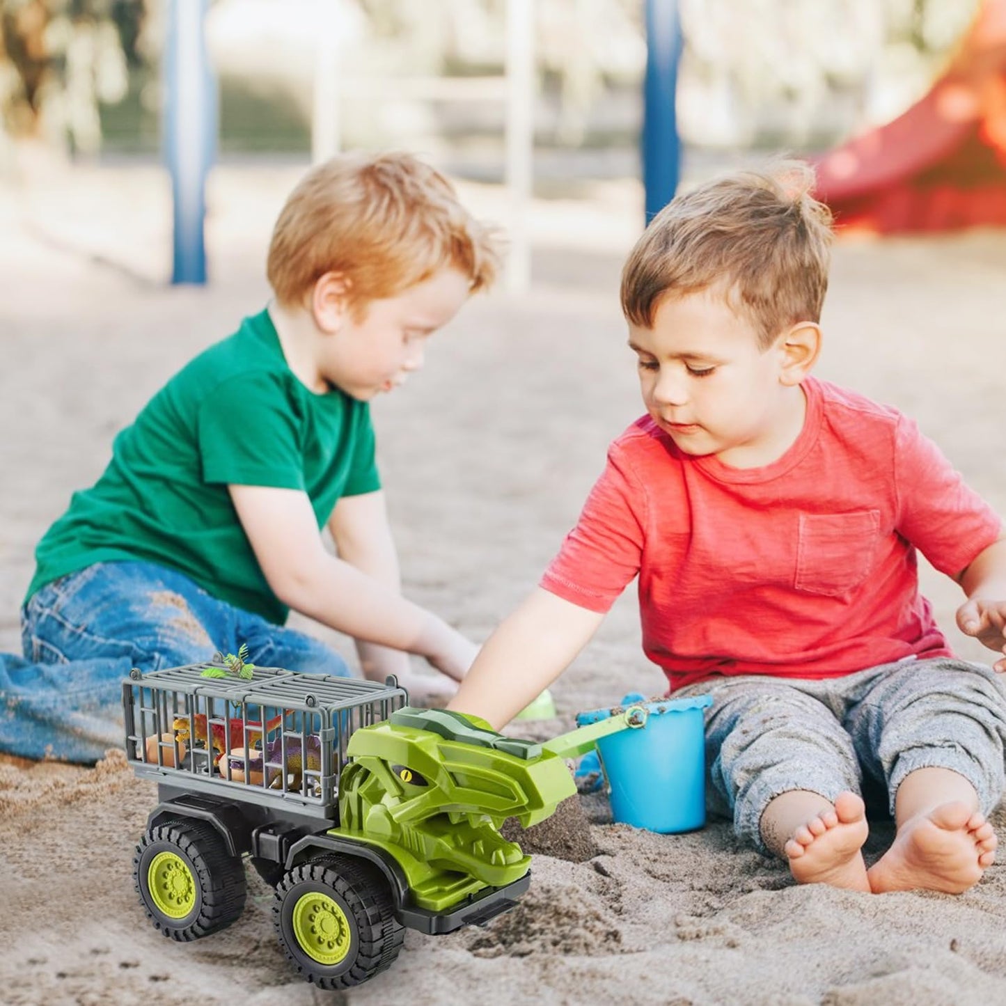 Baustellenfahrzeuge ab 3 Jahren, Set mit 3 Dinosaurier-Sandgruben-Spielzeugset mit Bagger, Transporter, Muldenkipper, robustem Sandspielzeugfahrzeugen Auto, geeignet als Sandspielzeug für Kinder ab 2+ (01)