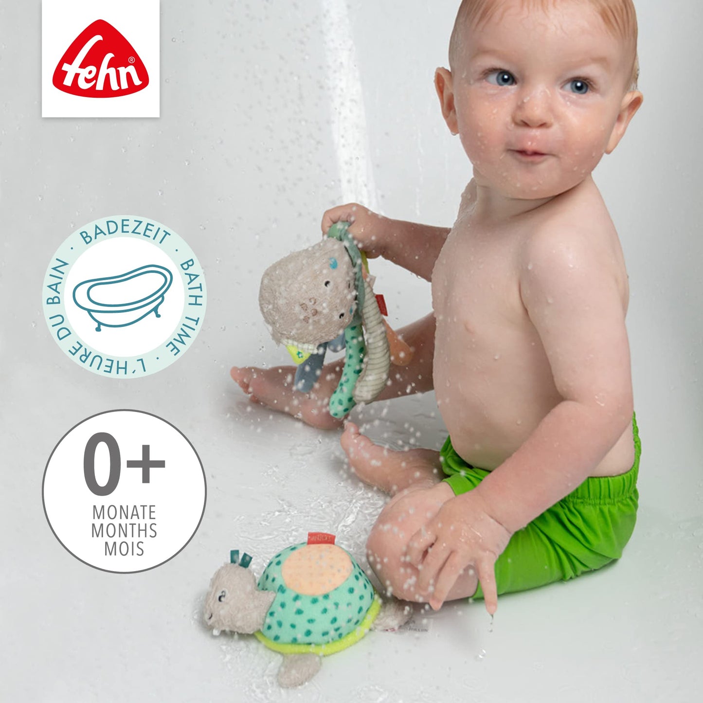 Fehn Badetier Schildkröte Badeschwamm – Kuscheltier Baby Badespielzeug für die Badewanne - Stoff Wasserspielzeug für den Badespaß – Badewannenspielzeug für Babys und Kleinkinder ab 0+ Monaten