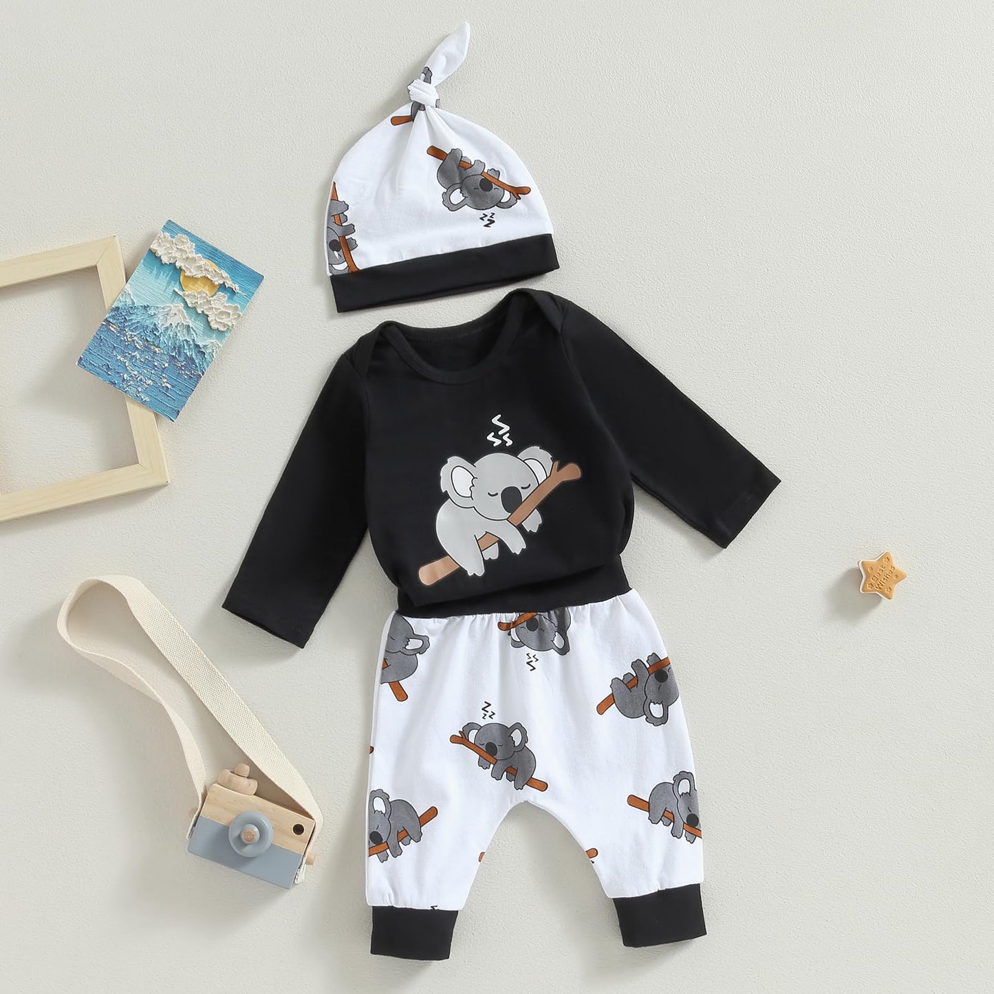 Himllauen Baby Jungen Mädchen 3-teiliges Set Koala Print Body + Hose + Hut Baby Set Kleinkind Kleidung Niedliche Outfit