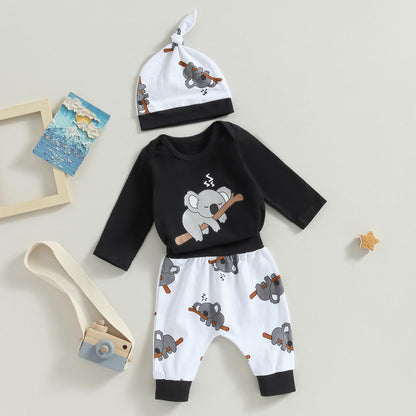 Himllauen Baby Jungen Mädchen 3-teiliges Set Koala Print Body + Hose + Hut Baby Set Kleinkind Kleidung Niedliche Outfit