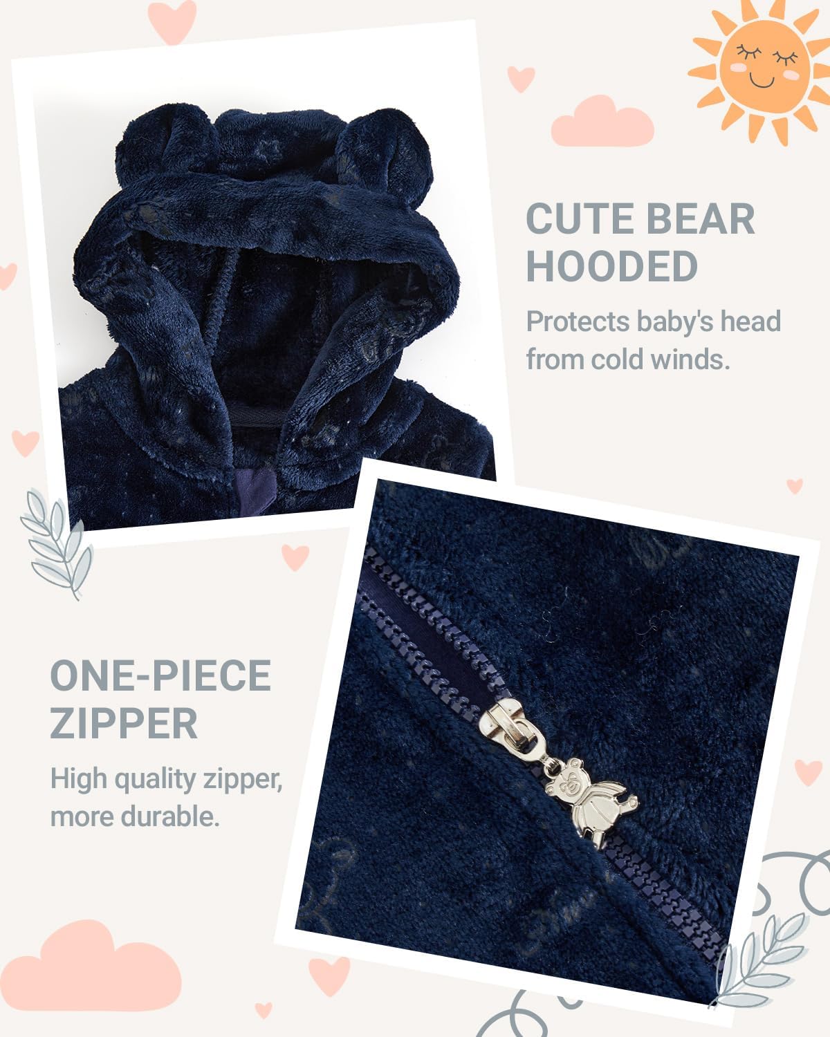 Baby Schneeanzüge mit Kapuze, Baby Overall Winter Fleece Strampler Neugeborenen Junge und Mädchen Einteiler Anzug für 0-12 Monate