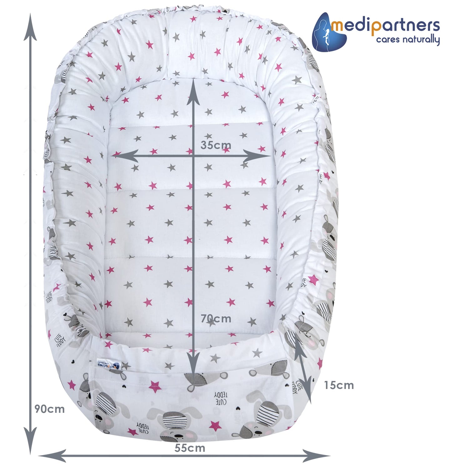 Medi Partners Babynestchen Babynest Set 100x60x15 Kuschelnest 5 teilig herausnehmbarer Einsatz Kokon Nestchen Babys Neugeborene 100% Baumwolle (REH mit Grauem Minky)