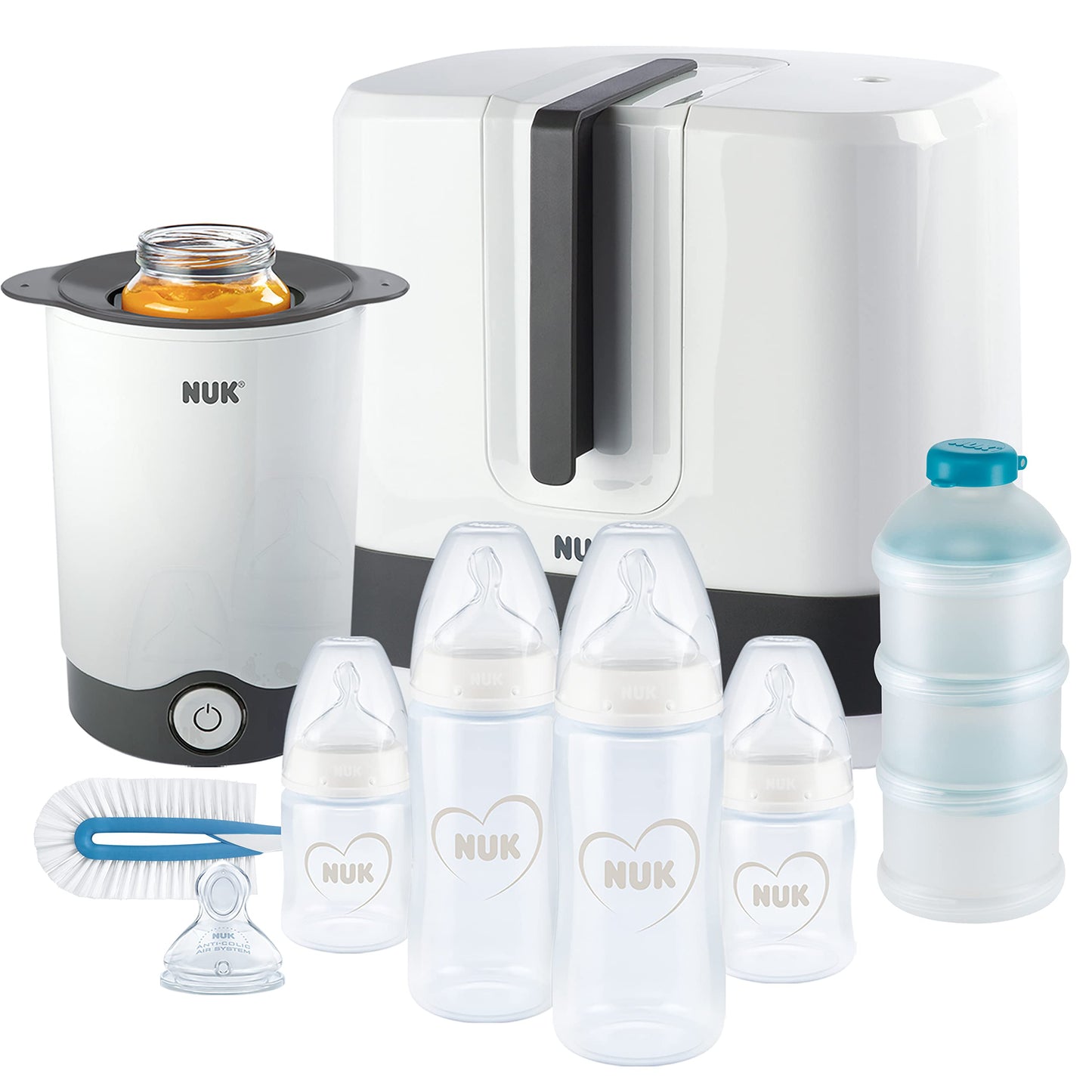 NUK Perfect Match Complete Feeding Set | Ab 0 Monate | Vario Express-Sterilisator, 4 Babyflaschen, Flaschenwärmer, Flaschenbürste und mehr | Regenbogen | 8 Stück