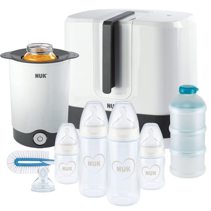 NUK Perfect Match Complete Feeding Set | Ab 0 Monate | Vario Express-Sterilisator, 4 Babyflaschen, Flaschenwärmer, Flaschenbürste und mehr | Regenbogen | 8 Stück