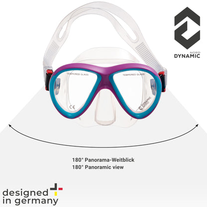 DYNAMICNORD - Kinder Schnorchelset – Designed in Germany – Profi Silikon 2er Set Tauchset Schnorchelset für Kinder (Taucherbrille, Trocken Schnorchel & Netztasche) mit Dry Schnorchel & Sicherheitsglas