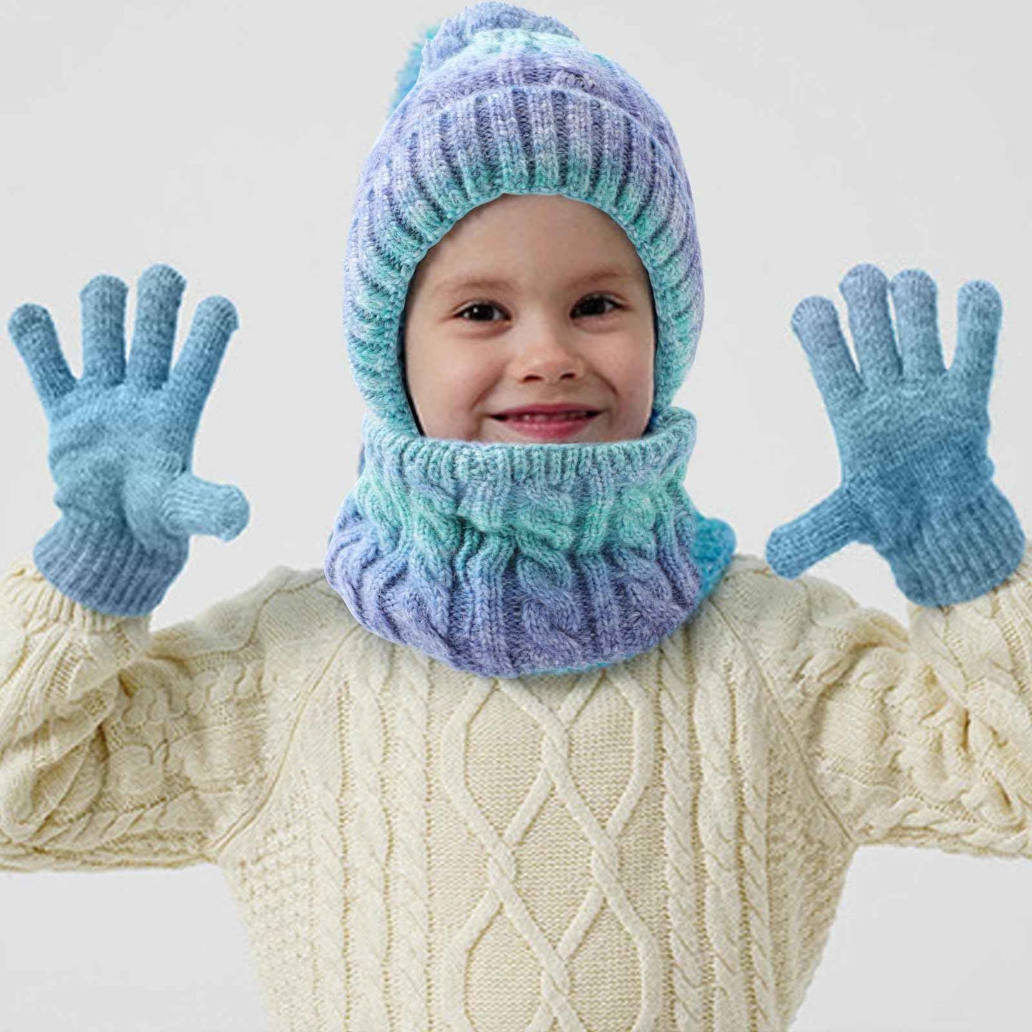Children's Hat Scarf Gloves Set - 3-in-1 Winter Knitted Hat Scarf and Gloves Set for Children with Pom Pom Beanie, Neck Warmer & Mittens for Boys Girls Age 3-10 Years