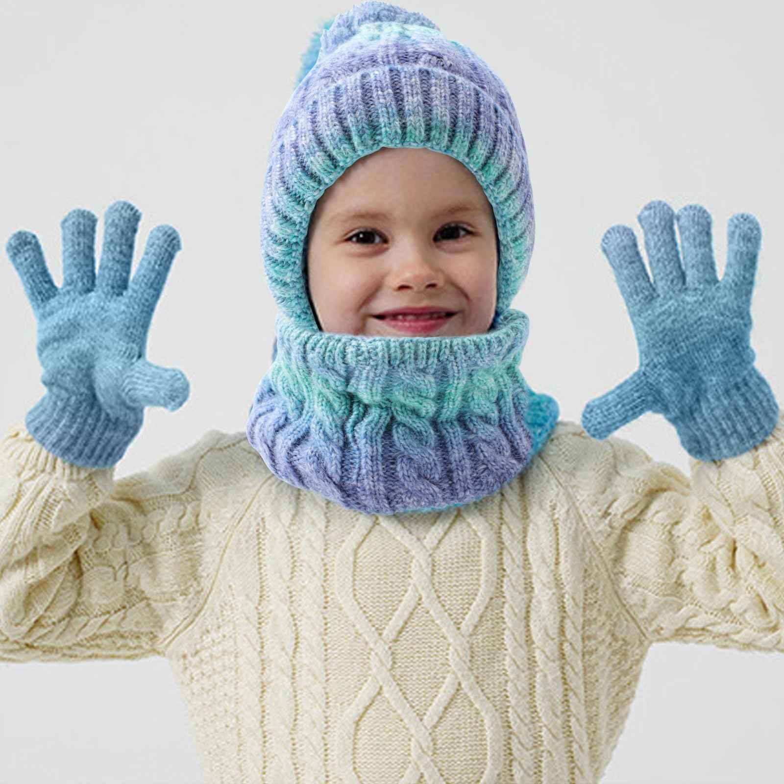 Children's Hat Scarf Gloves Set - 3-in-1 Winter Knitted Hat Scarf and Gloves Set for Children with Pom Pom Beanie, Neck Warmer & Mittens for Boys Girls Age 3-10 Years