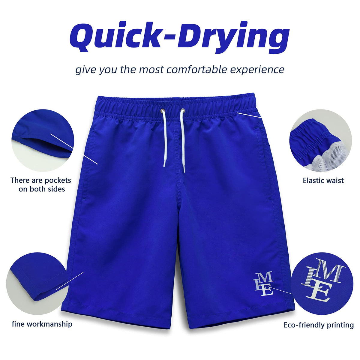 MEILONGER Boys' Swim Shorts Quick-drying Boardshorts with Mesh Lining Pockets and Adjustable Drawstring 