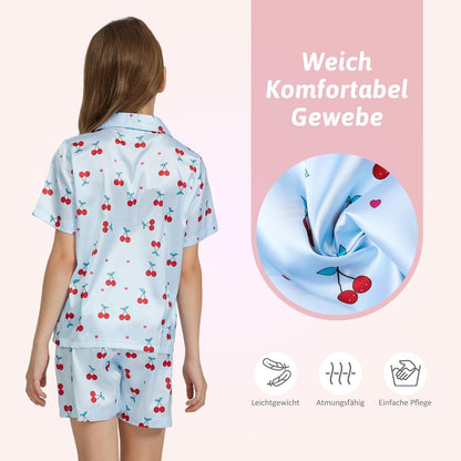Pyjamas Mädchen Kinder, Süße Pyjama Sets, Satin Pyjamas für Mädchen 5-14 Jahre