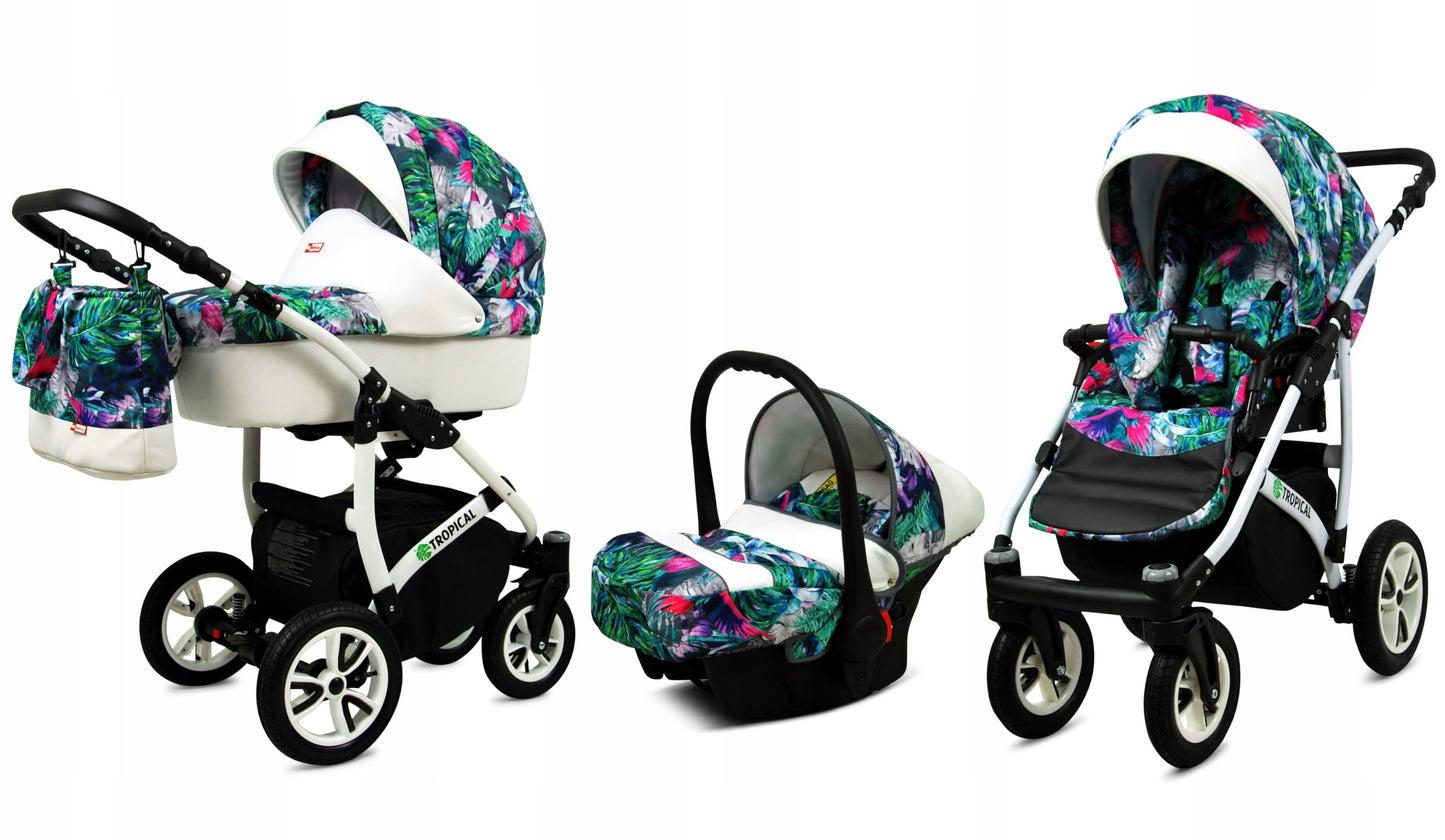 BabyLux® Bambimo Pushchair Set 3 in 1 - Tropical - incl. Baby Carrycot, Buggy Sports Seat, Car Seat - Pram Set - Combination Pram with Changing Bag, Rain Cover etc.