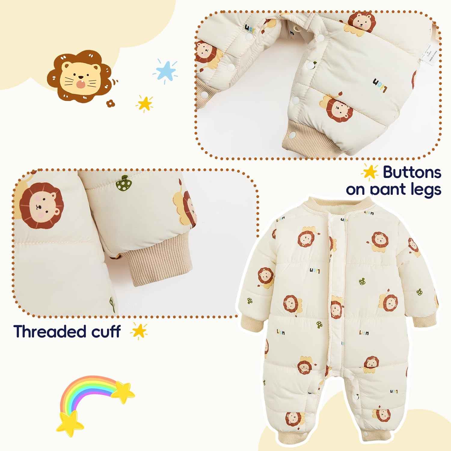 JiAmy Baby Snowsuit, Toddler Winter Romper Girls Boys Winter Jumpsuit with Hood Long Sleeve Jumpsuit Cute Prints for 3-24 Months