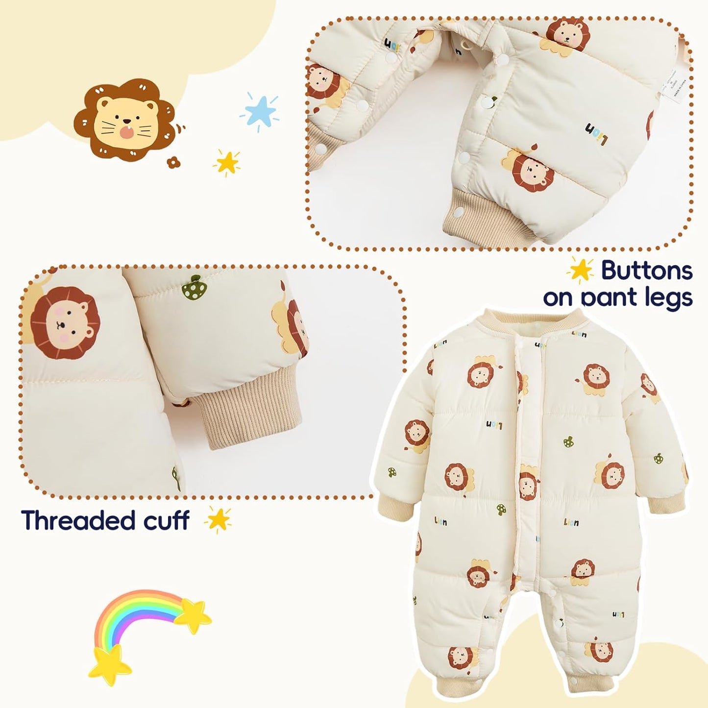 JiAmy Baby Snowsuit, Toddler Winter Romper Girls Boys Winter Jumpsuit with Hood Long Sleeve Jumpsuit Cute Prints for 3-24 Months