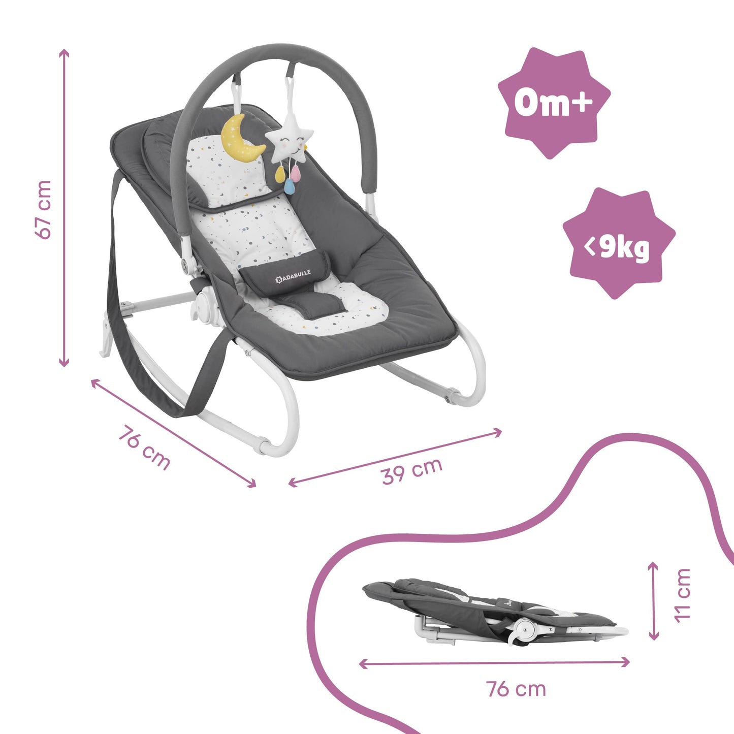 Badabulle Lichen foldable baby bouncer - Adjustable backrest - 3-point safety belt - Removable play arch 
