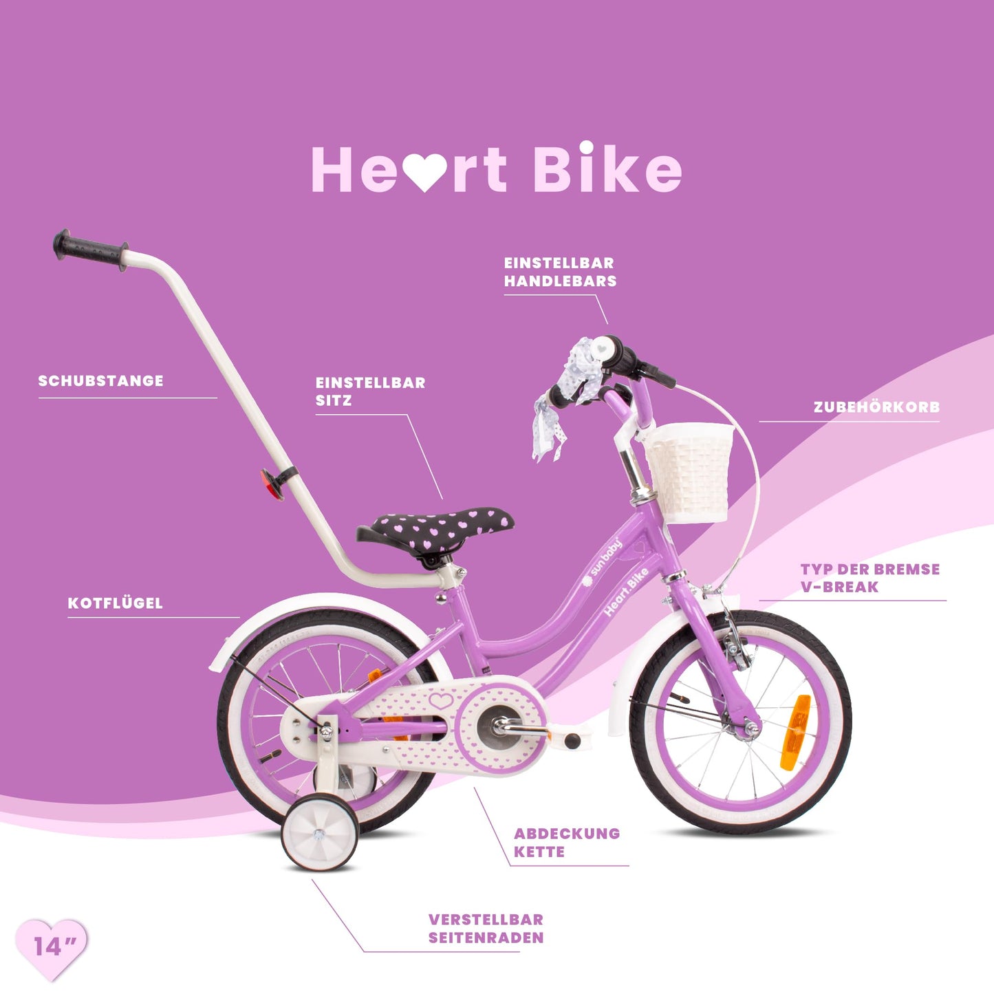sun baby Mädchenfahrrad 12, 14 und 16 Zoll Radgröße Heart Bike zur Auswahl, mit Abnehmbarer Schubstange, Kinderfahrrad für Mädchen von 2 bis 6 Jahre - Meloni2