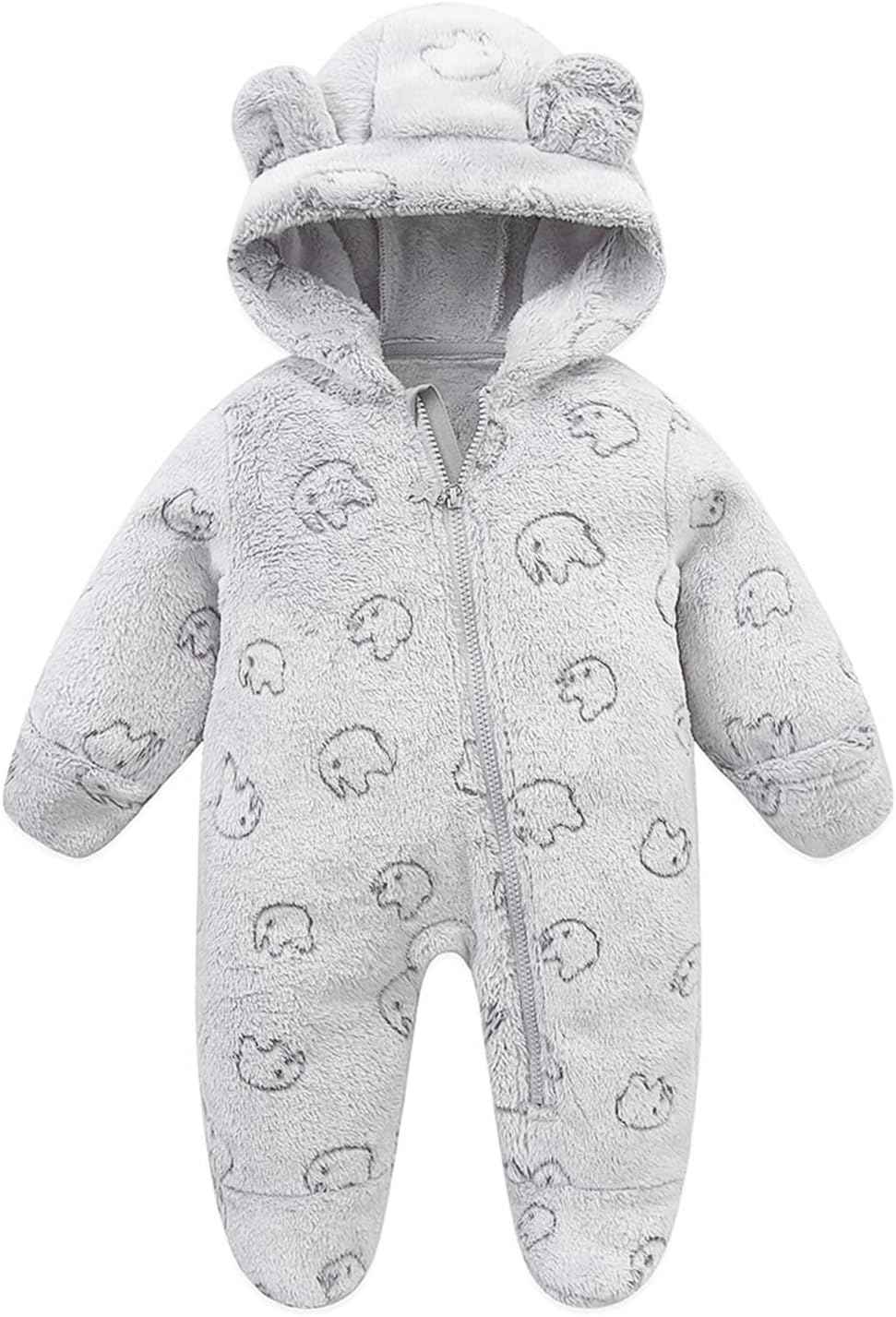 JiAmy Baby Snowsuits with Hood, Baby Jumpsuit Winter Fleece Romper Newborn Boy and Girl One Piece Suit for 0-12 Months