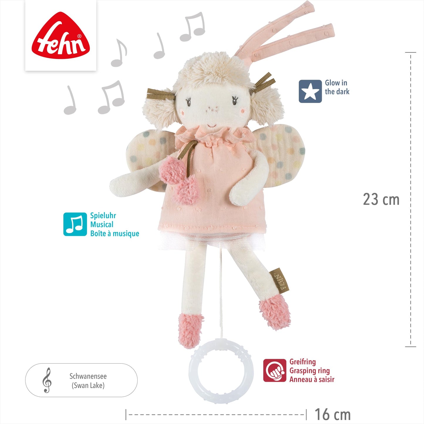 Fehn Mini-Spieluhr Fee – Kuscheltier & Einschlafhilfe: Aufzieh-Spieluhr mit sanfter Melodie „Schwanensee“ beruhigt in jeder Situation – für Babys und Kleinkinder ab 0+ Monaten