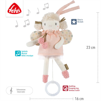 Fehn Mini-Spieluhr Fee – Kuscheltier & Einschlafhilfe: Aufzieh-Spieluhr mit sanfter Melodie „Schwanensee“ beruhigt in jeder Situation – für Babys und Kleinkinder ab 0+ Monaten