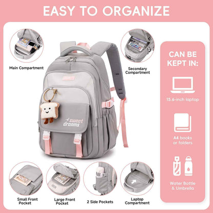 School Backpack Teenager - 36L School Bag for Girls from 5th Grade, Large Backpack for Middle and High School, Casual Children's Backpack with Cute Pendant and Trolley Strap, black, Rucksack