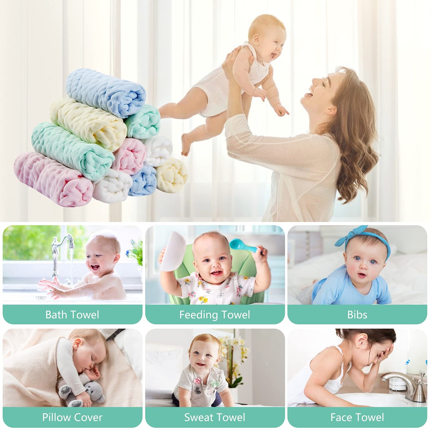 Koo-dib Baby Musselin Waschlappen Tuch Mullwindeln Spucktücher -Handtücher Weiche Neugeborene Gesichtstücher Saugfähig Junge Mädchen Sabberlätzchen 10 Stück 25x25 cm lätzchen