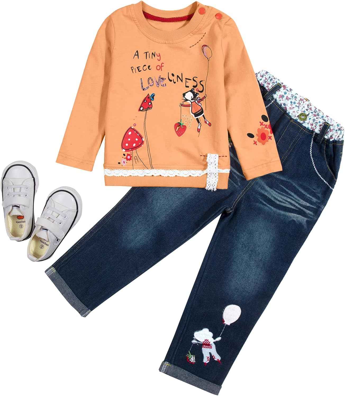 MAXIMGR Baby-Kleidung für Mädchen, Kleinkind, Mädchen, Herbst-Outfit, niedlich, langärmelig, Cartoon-Pullover, Denim-Hose, Sets für Herbst und Winter