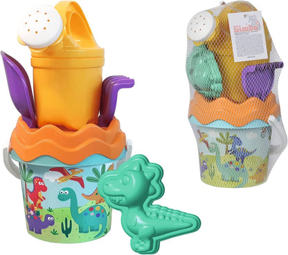Dino Baby Eimergarnitur, Sandspielzeug, 6 Teile, Eimer, Sieb, Sandform, Schaufel, Rechen, Gießer, 11cm, D:14cm, ab 10 Monate