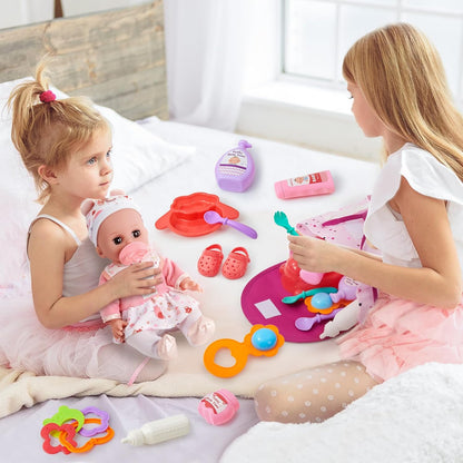 G.C Puppenzubehör Spielzeug Geschenk Mädchen, 36cm Babypuppe mit 12 Geräuschen & Wickeltasche Rucksack & Puppenkleidung & Töpfchen, Puppen Zubehör Geschenke für Mädchen 3 4 5 6 Jahre