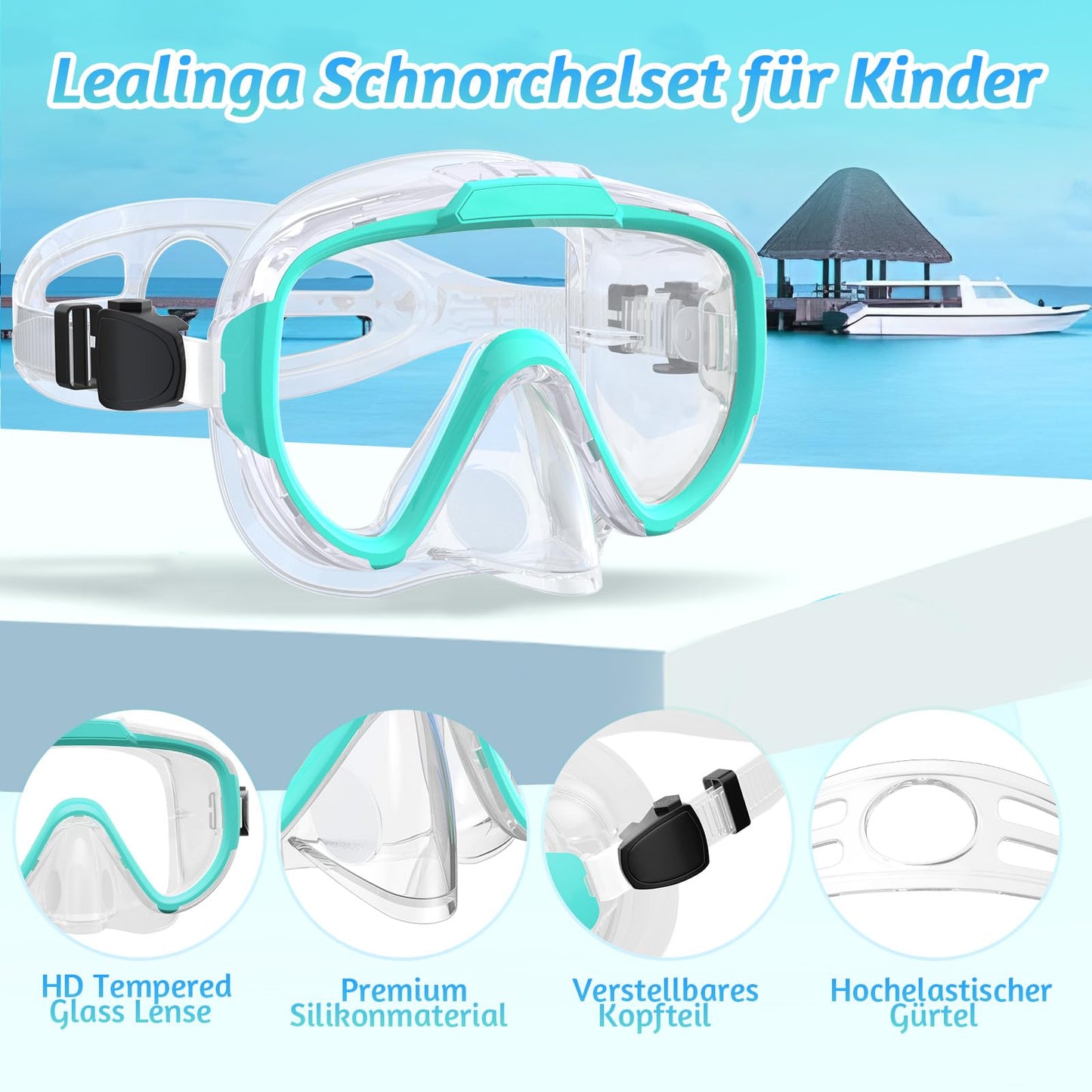 Lealinga Children's Snorkel Set with 180° Anti-Fog Panoramic Wide View Diving Mask and Dry Snorkel Snorkelling Set, Anti-Leak Snorkel Mask with Nose Protection for Boys and Girls