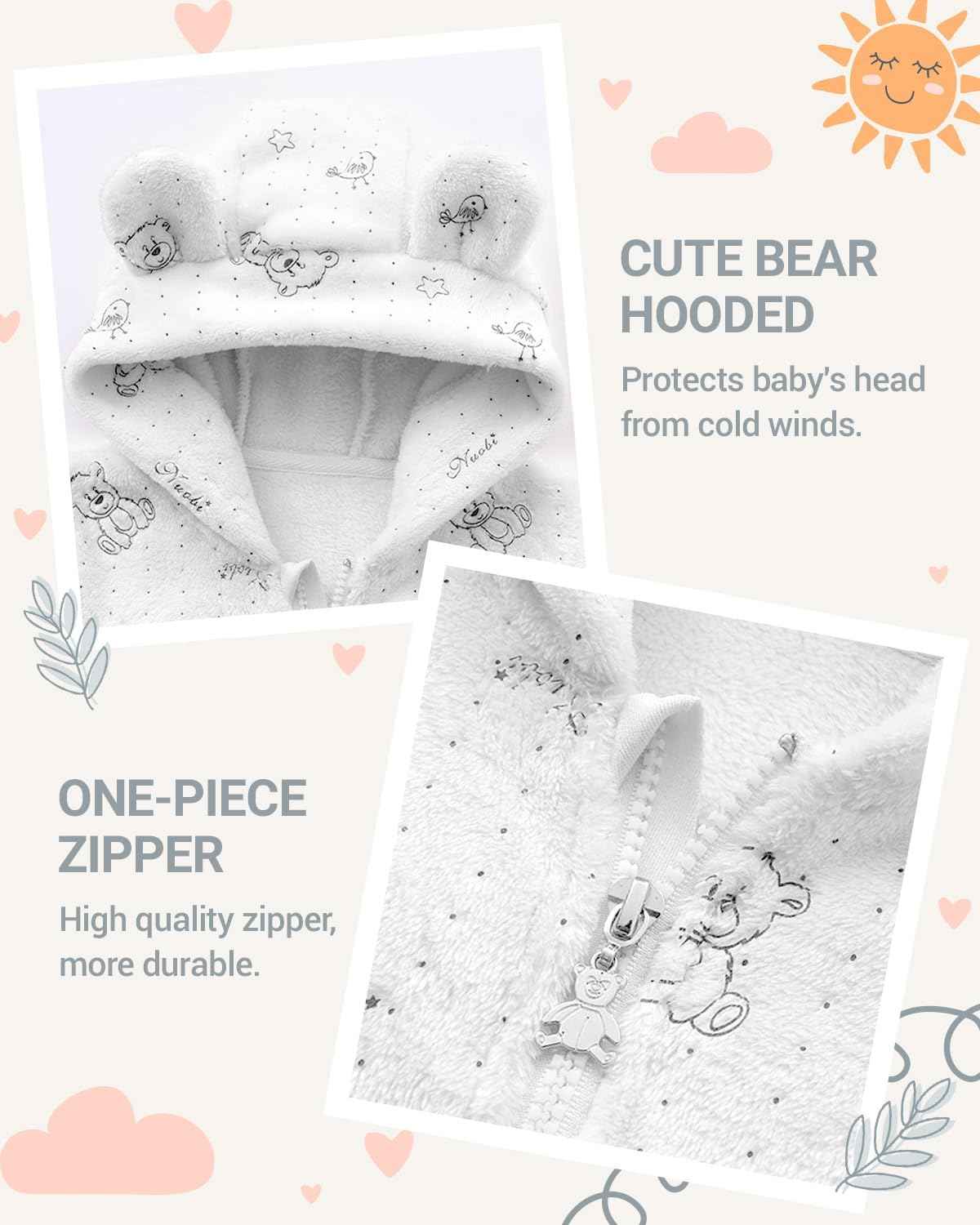 JiAmy Baby Snowsuits with Hood, Baby Jumpsuit Winter Fleece Romper Newborn Boy and Girl One Piece Suit for 0-12 Months