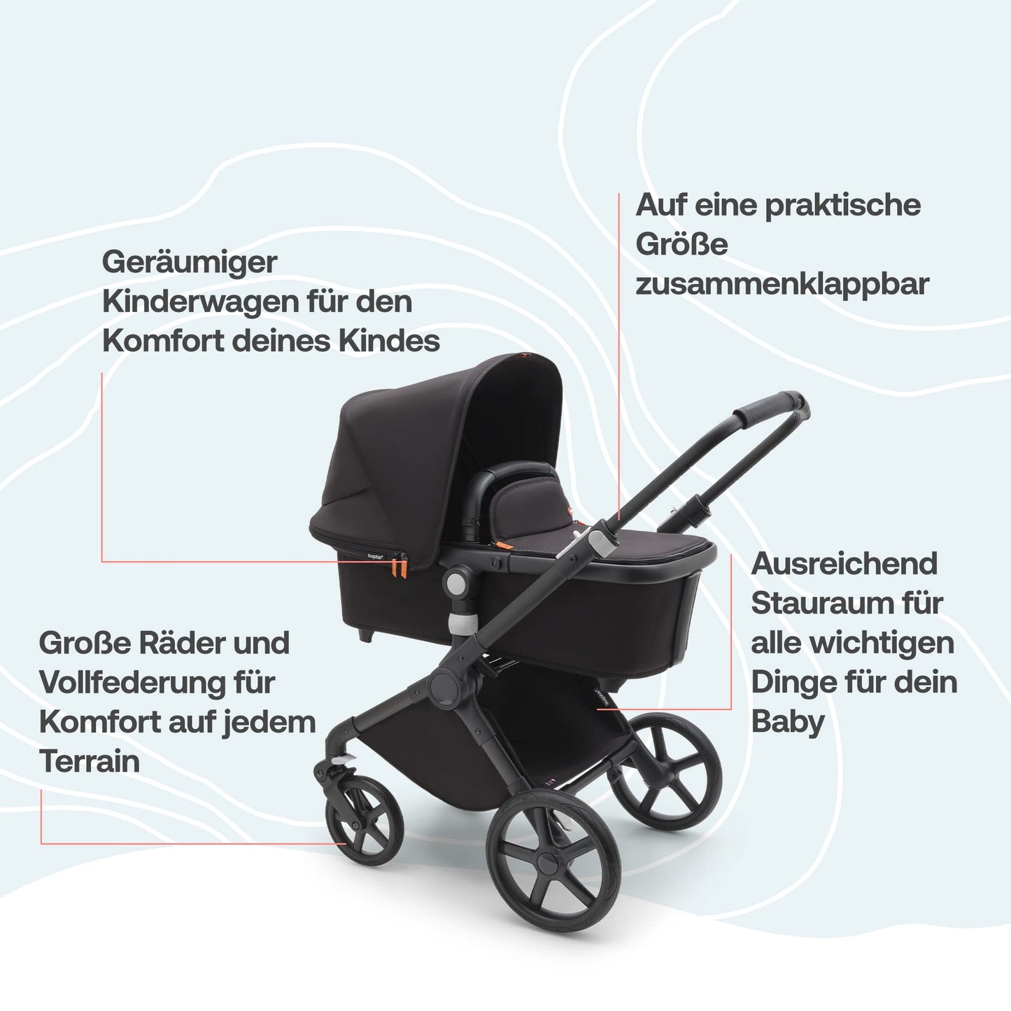 Bugaboo Fox Cub All Terrain Pushchair, Lightweight and Sturdy Pram, Durable Design and Extra Large Sun Canopy, One Piece and Self Standing Foldable - Black