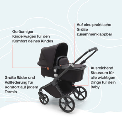 Bugaboo Fox Cub All Terrain Pushchair, Lightweight and Sturdy Pram, Durable Design and Extra Large Sun Canopy, One Piece and Self Standing Foldable - Black