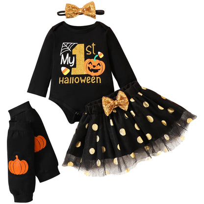 Baby Girl Halloween Outfit, My First Halloween Baby Girl Clothing, Halloween Outfit Baby, Newborn Halloween Baby Pumpkin Romper + Tutu Skirt + Leg Warmer + Headband, Baby Clothing Halloween