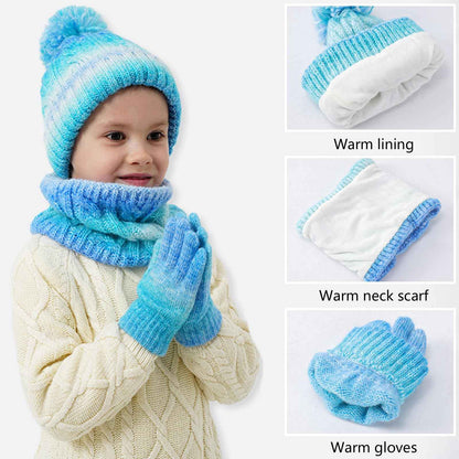 Children's Hat Scarf Gloves Set - 3-in-1 Winter Knitted Hat Scarf and Gloves Set for Children with Pom Pom Beanie, Neck Warmer & Mittens for Boys Girls Age 3-10 Years