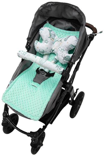 Sitzauflage Kinderwagen Buggy Baby Sommer Kindersitz Einlage Universal - 5tgl Gurtpolster + Spielbogen Kinderwagenset Babyschale (Safari mit beige Minky)