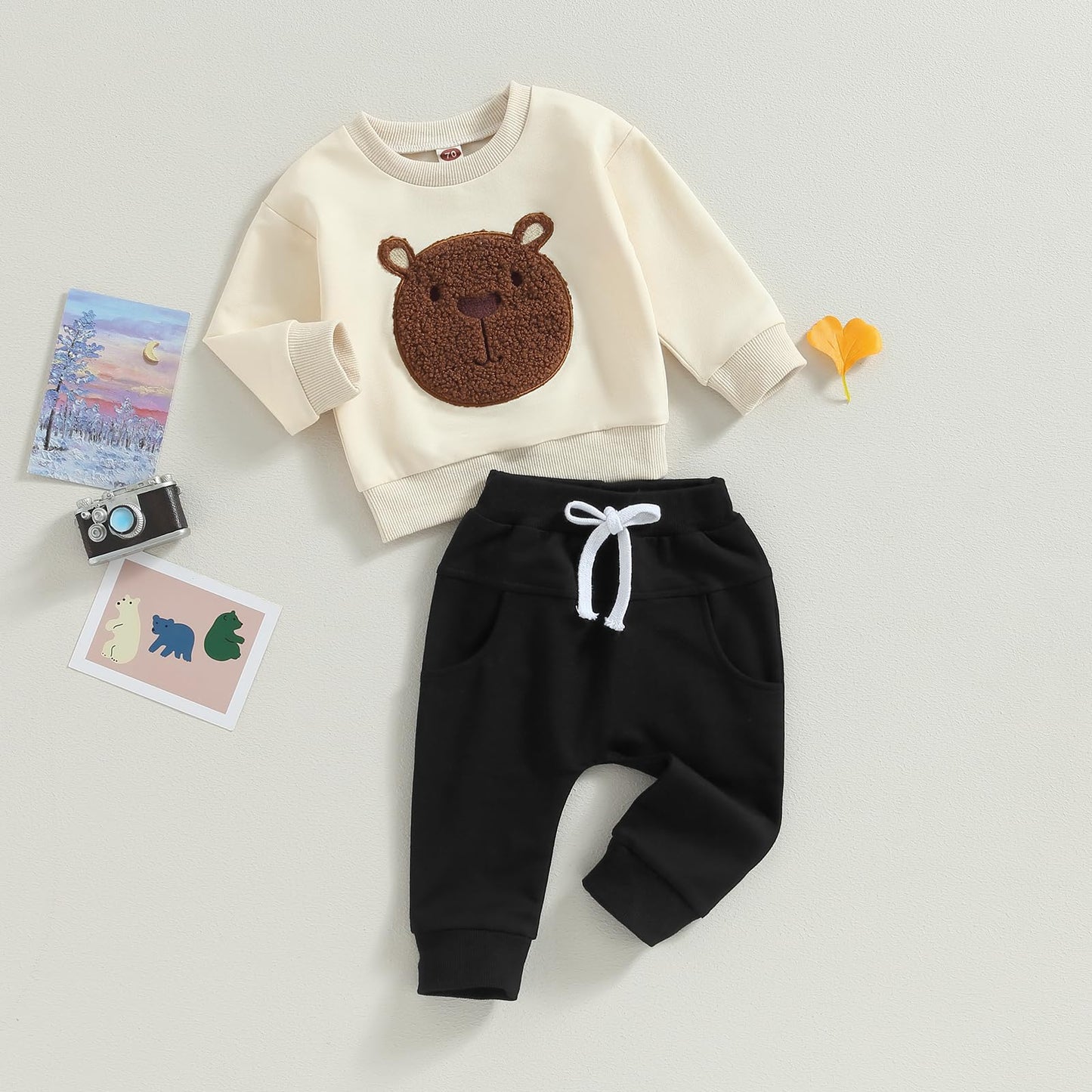 Carolilly Baby Suit 2-Piece Clothing Outfit Baby Clothing Set Cute Long Sleeve Sweatshirt Embroidered Bear + Long Trousers Warm Children's Suit Autumn Spring