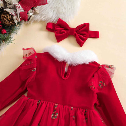 Geagodelia Girls Christmas Dress Long Sleeve Elegant Red Winter Dresses and Headband Set for Newborn Christmas